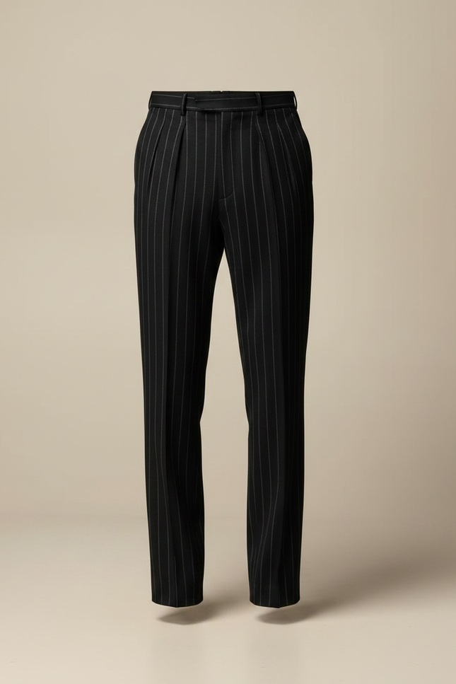 Pantalon À Pince Noir Rayé Plissé Ample Élégant Homme - Laine - vue 3