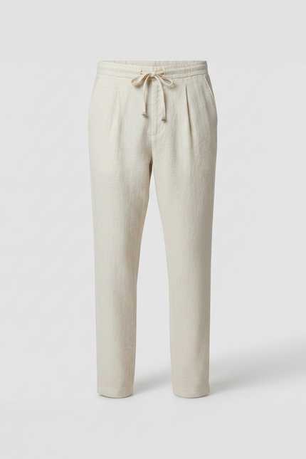 Pantalon À Pince Crème Lin Plissé Cordon Décontracté - Beige - vue 3