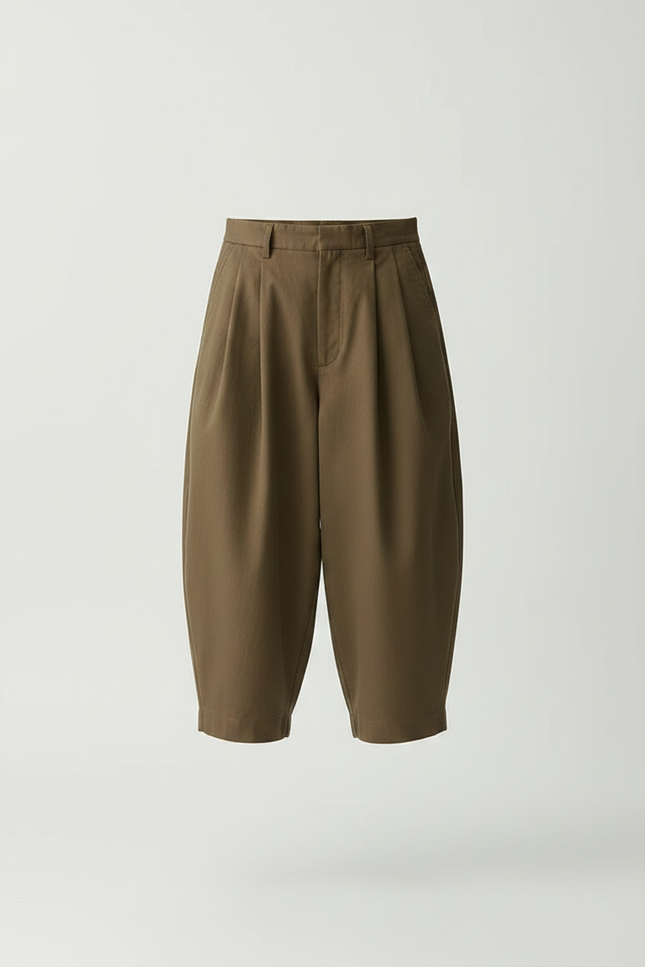 Pantalon À Pince Kaki Ample Plissé Décontracté Coton - vue 3