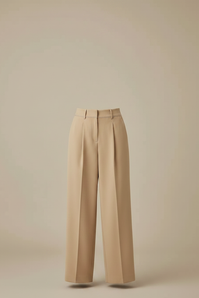 Pantalon À Pince Plissé Taille Haute Beige Ample Élégant - Polyester - vue 3
