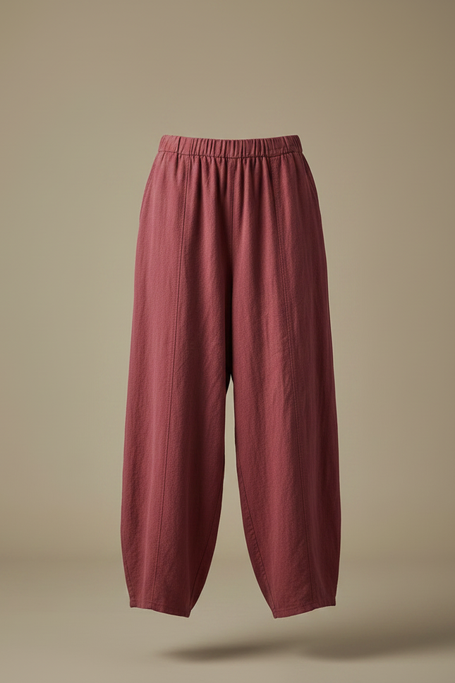 Pantalon À Pince Rouge Brique Lin Ample Décontracté Femme - Bordeaux - vue 3