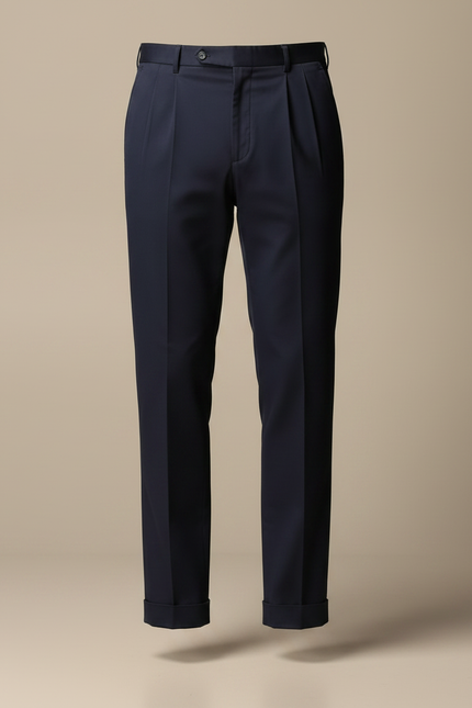 Pantalon À Pince Bleu Marine Droit Plissé Élégant Coton - vue 3