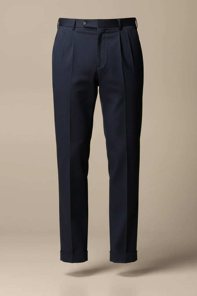 Pantalon À Pince Bleu Marine Droit Plissé Élégant Coton - vue 3