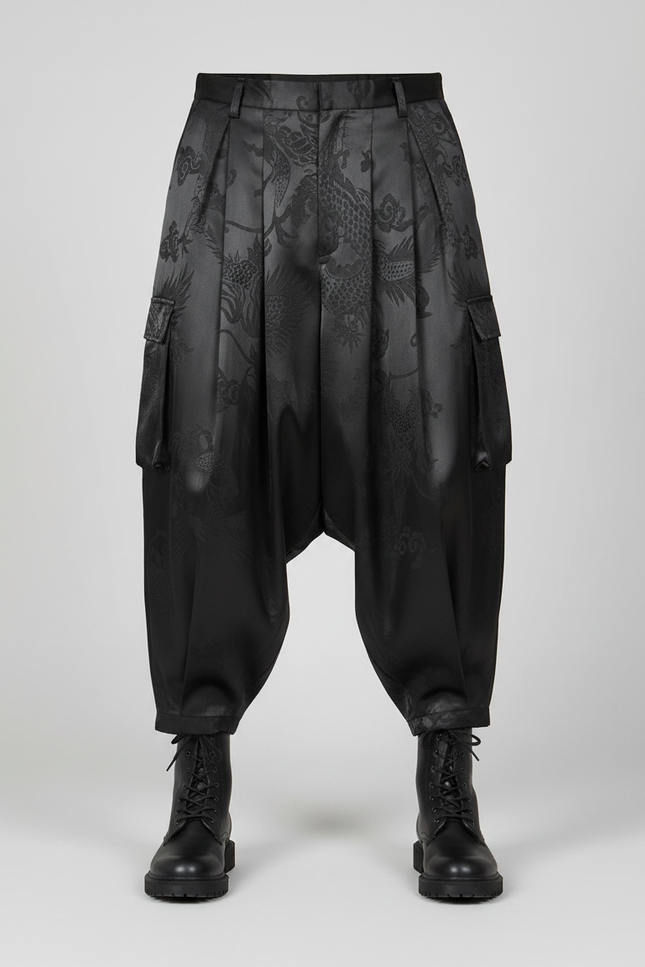 Pantalon À Pince Noir Satin Dragon Ample Cargo - vue 3
