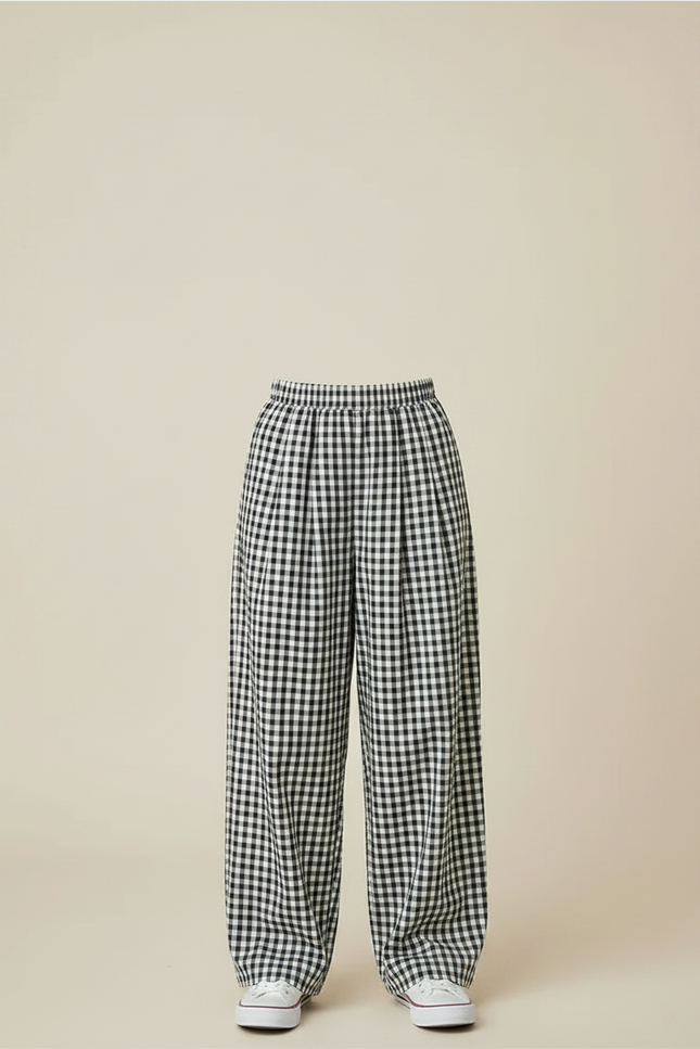Pantalon À Pince Carreaux Vichy Ample Droit Fille - Imprimé Coton - vue 3