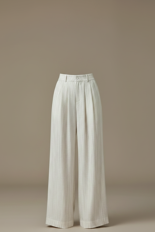 Pantalon À Pince Blanc Cassé Rayé Fluide Ample Élégant - Lin - vue 3