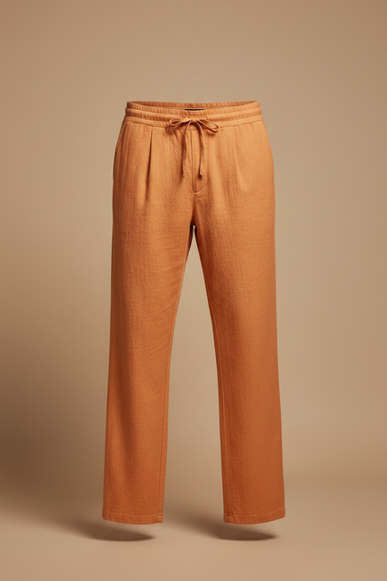 Pantalon À Pince Orange Lin Ample Décontracté Cordon - vue 3