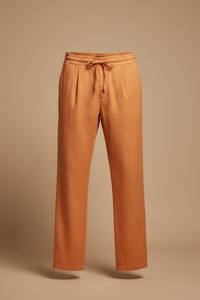 Pantalon À Pince Orange Lin Ample Décontracté Cordon - vue 3