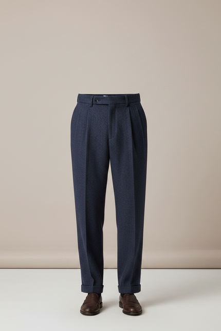 Pantalon À Pince Bleu Marine Laine Drapé Plissé Droit - vue 3