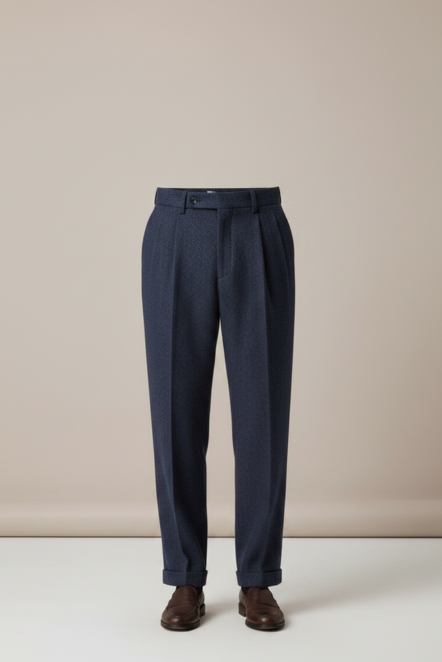 Pantalon À Pince Bleu Marine Laine Drapé Plissé Droit - vue 3