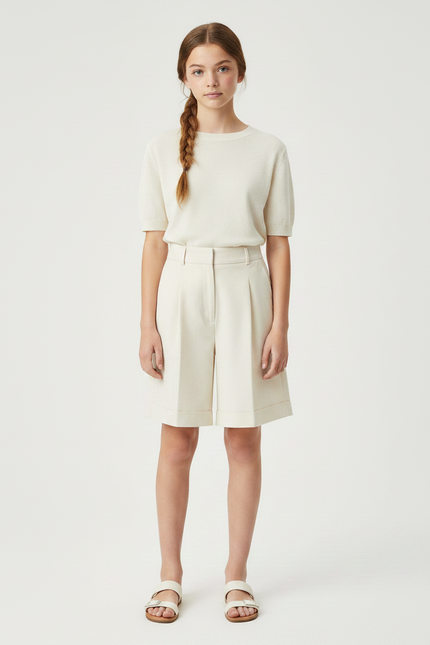 Pantalon À Pince Crème Plissé Droit Court Décontracté - Beige Gabardine - vue 3