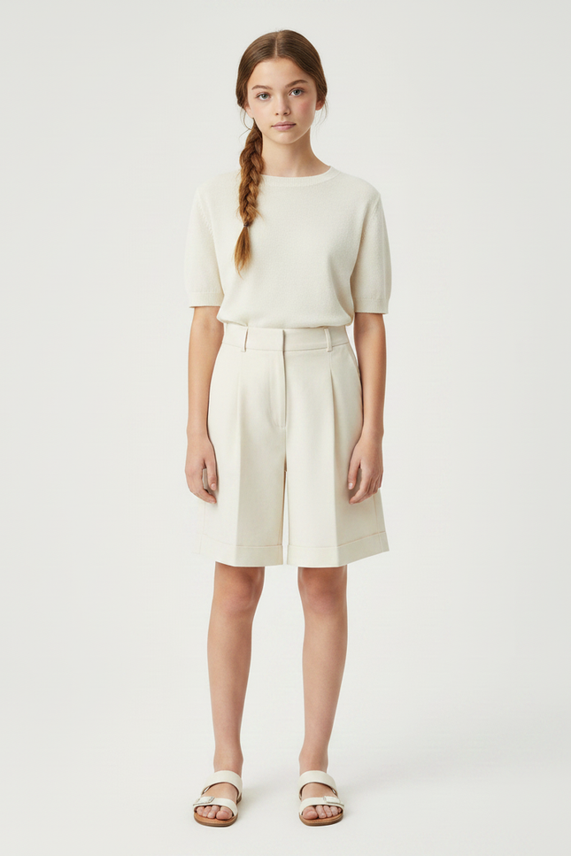 Pantalon À Pince Crème Plissé Droit Court Décontracté - Beige Gabardine - vue 3