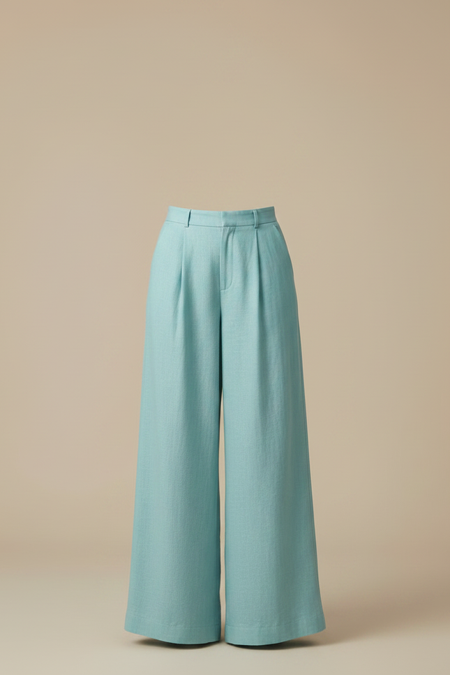 Pantalon À Pince Bleu Ciel Ample Lin Taille Haute - vue 3