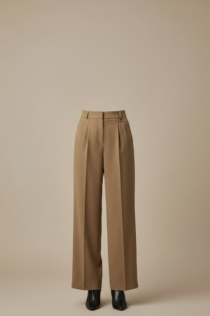 Pantalon À Pince Marron Taille Haute Ample Droit Élégant - Gabardine - vue 3