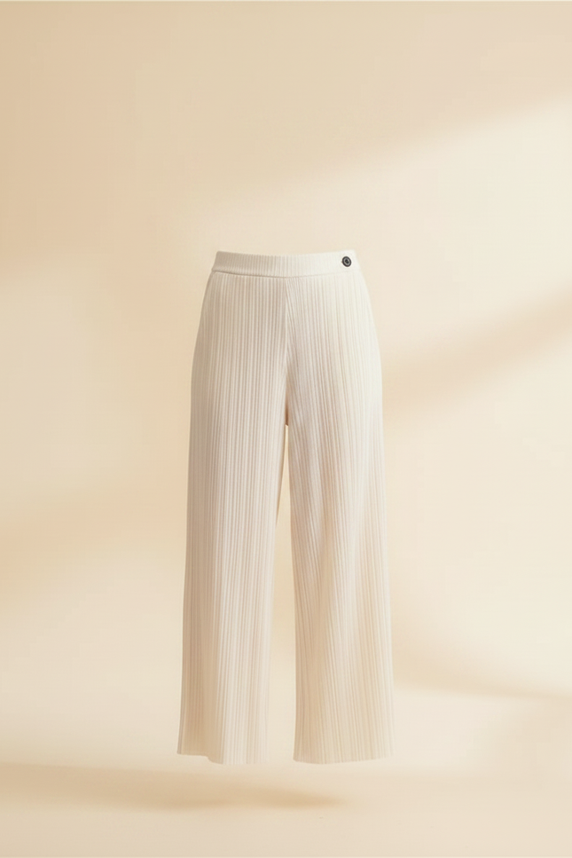 Pantalon À Pince Plissé Fluide Crème Ample Élégant - Beige Maille - vue 3