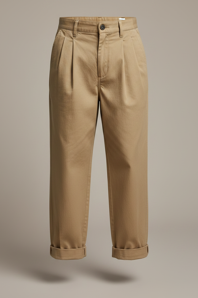 Pantalon À Pince Kaki Plissé Ample Décontracté Garçon - Toile - vue 3