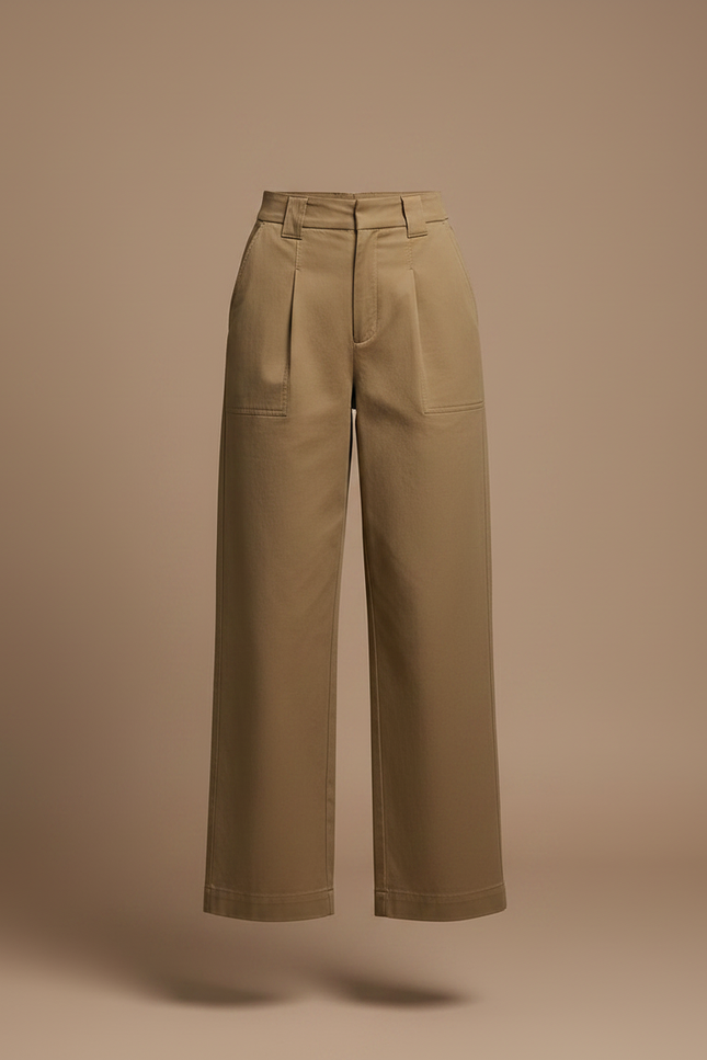 Pantalon À Pince Kaki Coton Ample Décontracté Femme - vue 3