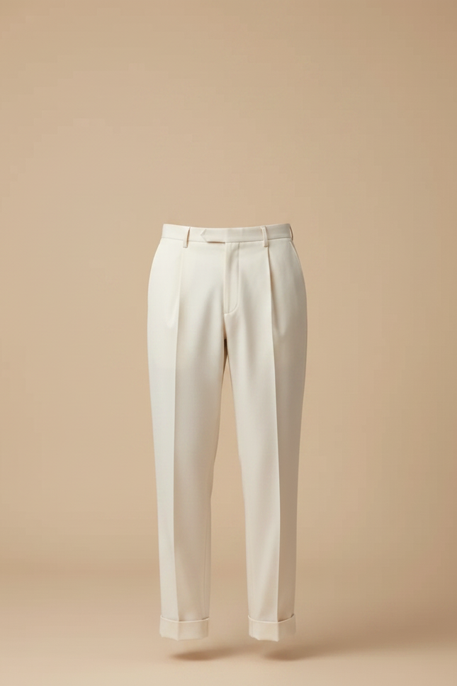 Pantalon À Pince Crème Plissé Large Élégant Homme - Beige Gabardine - vue 3