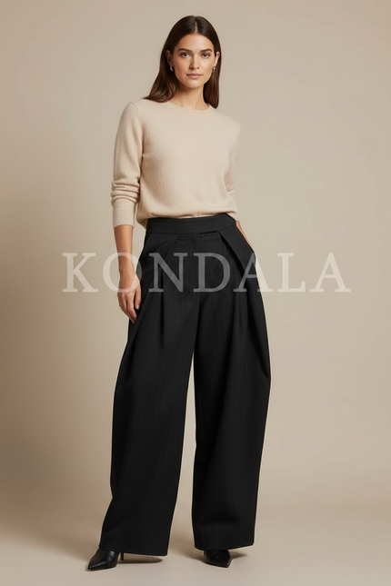 Pantalon À Pince Rayé Femme - Noir Gabardine - vue 3