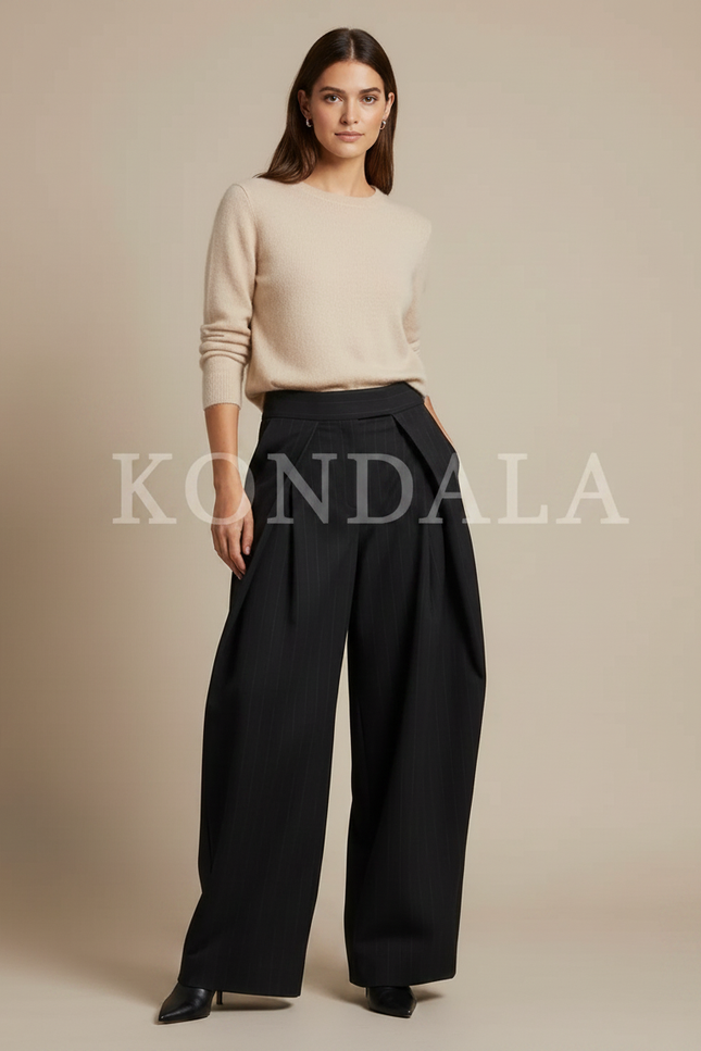 Pantalon À Pince Rayé Femme - Noir Gabardine - vue 3