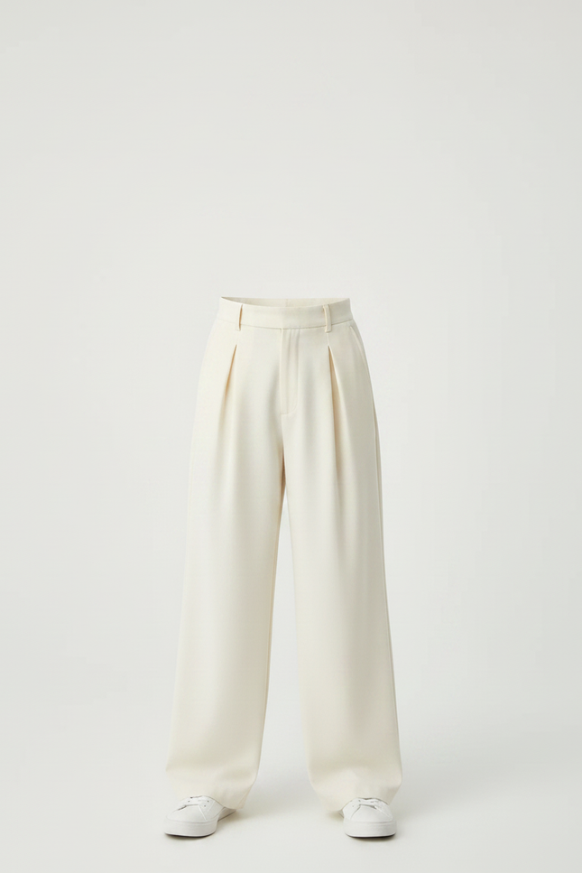 Pantalon À Pince Crème Ample Plissé Décontracté - Beige Polyester - vue 3