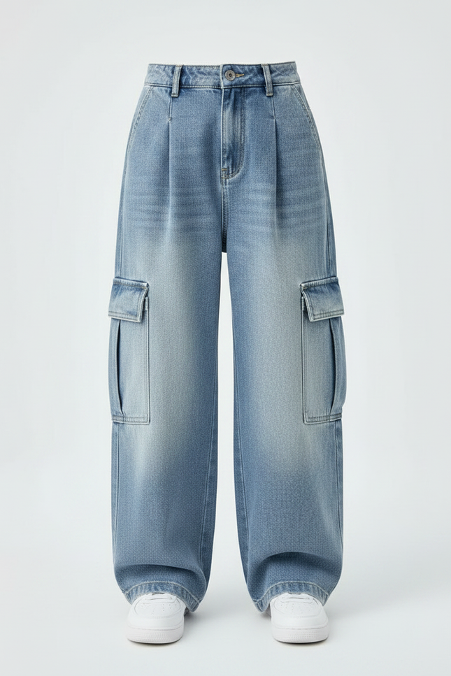 Pantalon À Pince Cargo Denim Large Dégradé Enfant - Bleu Jean - vue 3