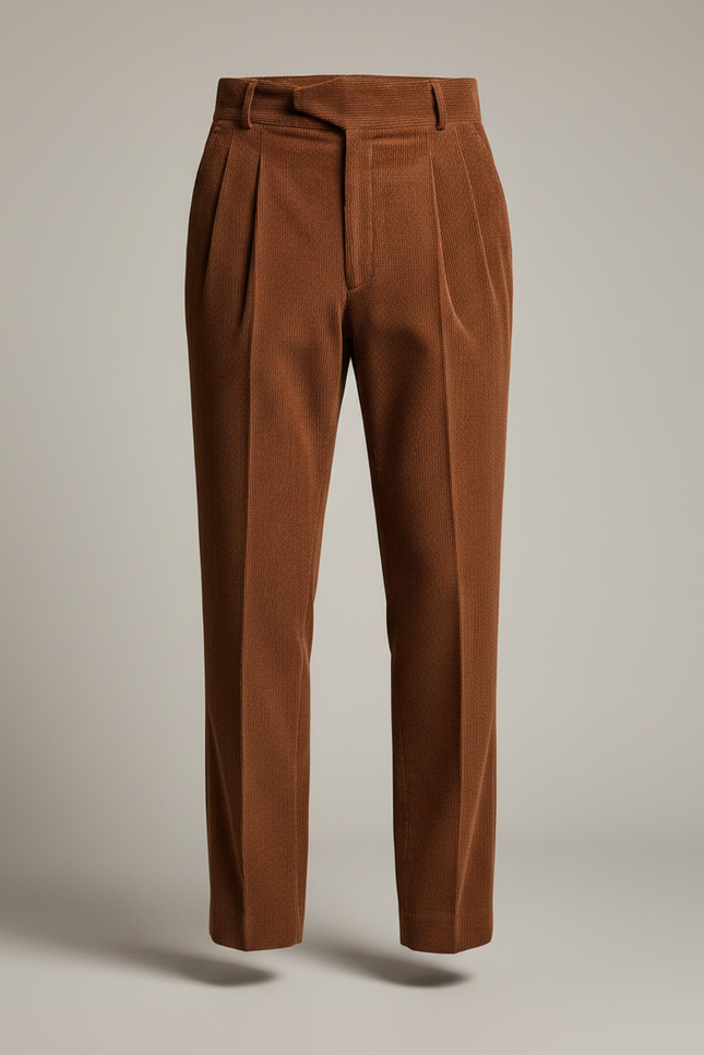 Pantalon À Pince Marron Velours Côtelé Plissé Droit Homme - Cordé - vue 3
