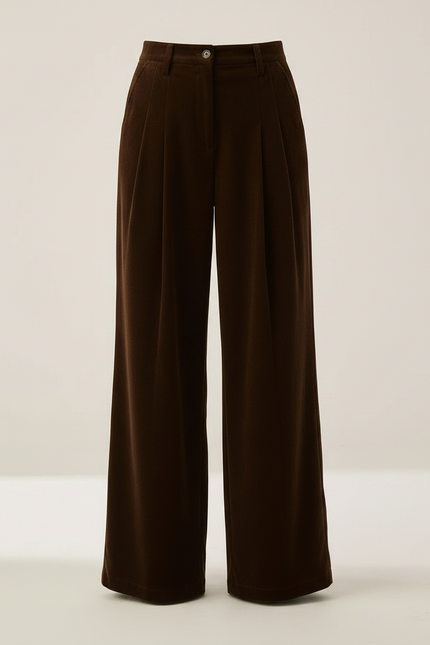 Pantalon À Pince Marron Côtelé Ample Taille Haute Femme - Cordé - vue 3