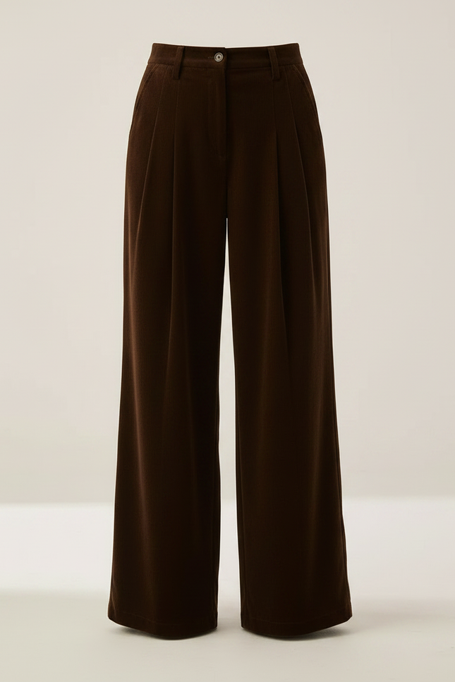 Pantalon À Pince Marron Côtelé Ample Taille Haute Femme - Cordé - vue 3