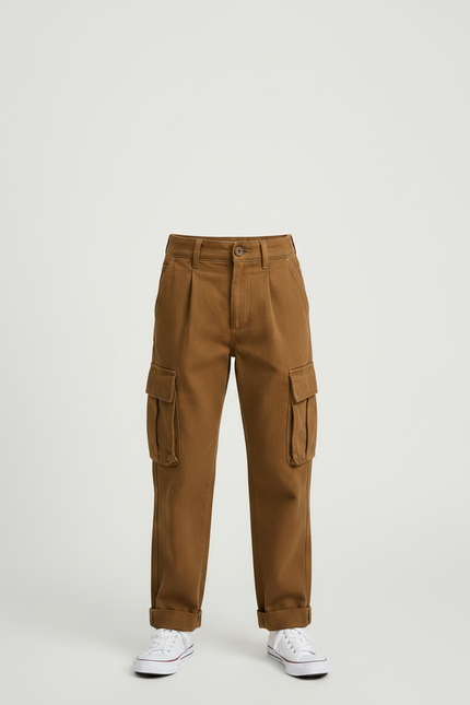 Pantalon À Pince Cargo Marron Ample Décontracté Enfant - Toile - vue 3