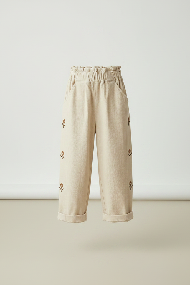 Pantalon À Pince Beige Brodé Fleur Ample Coton - Molleton - vue 3