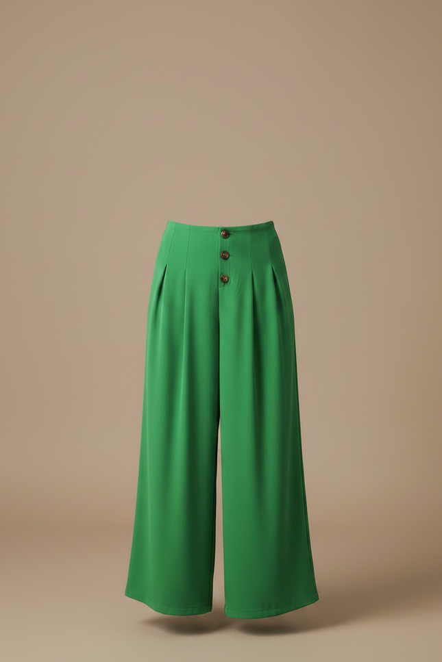 Pantalon À Pince Vert Plissé Fluide Taille Haute - Viscose - vue 3