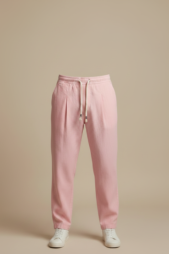 Pantalon À Pince Rose Lin Ample Cordon Décontracté Homme - vue 3
