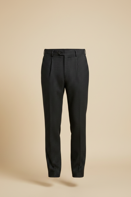 Pantalon À Pince Gris Anthracite Rayé Laine Plissé Homme - vue 3