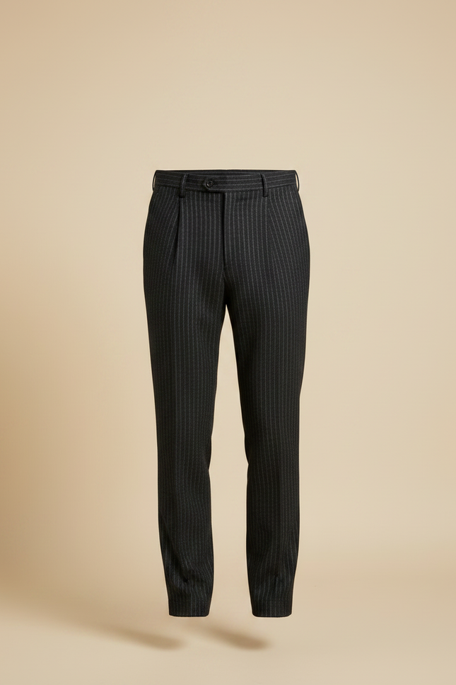 Pantalon À Pince Gris Anthracite Rayé Laine Plissé Homme - vue 3