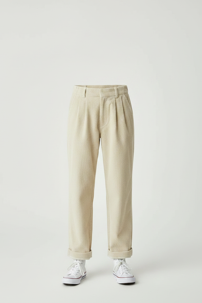 Pantalon À Pince Côtelé Beige Ample Décontracté Enfant - Cordé - vue 3