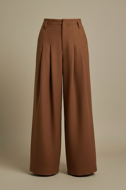 Pantalon À Pince Marron Large Plissé Élégant Femme - Laine - vue 3