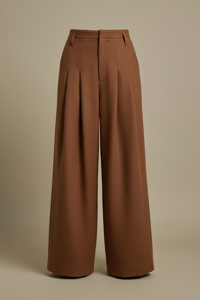 Pantalon À Pince Marron Large Plissé Élégant Femme - Laine - vue 3