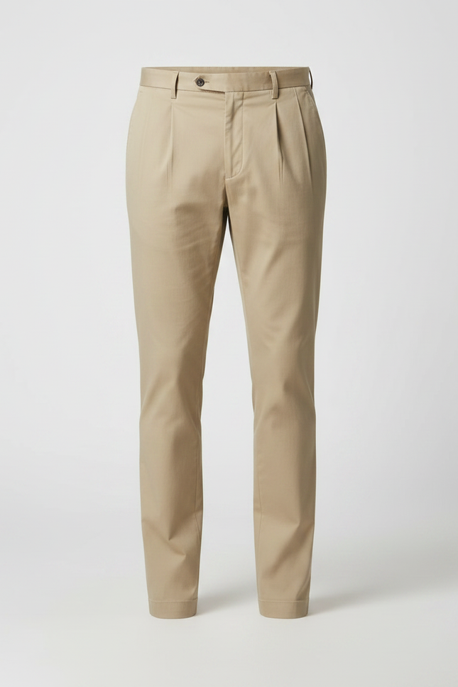 Pantalon À Pince Beige Plissé Coton Droit Homme - vue 3