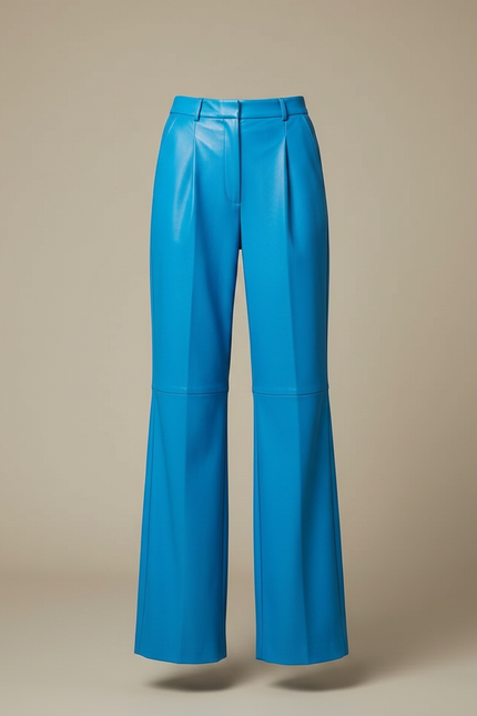 Pantalon À Pince Bleu Cuir Taille Haute Large - vue 3