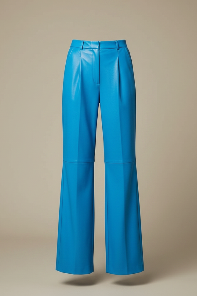 Pantalon À Pince Bleu Cuir Taille Haute Large - vue 3