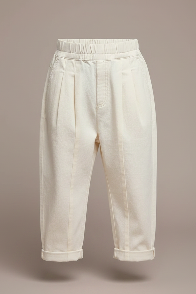 Pantalon À Pince Écru Ample Coton Enfant Décontracté - Beige - vue 3