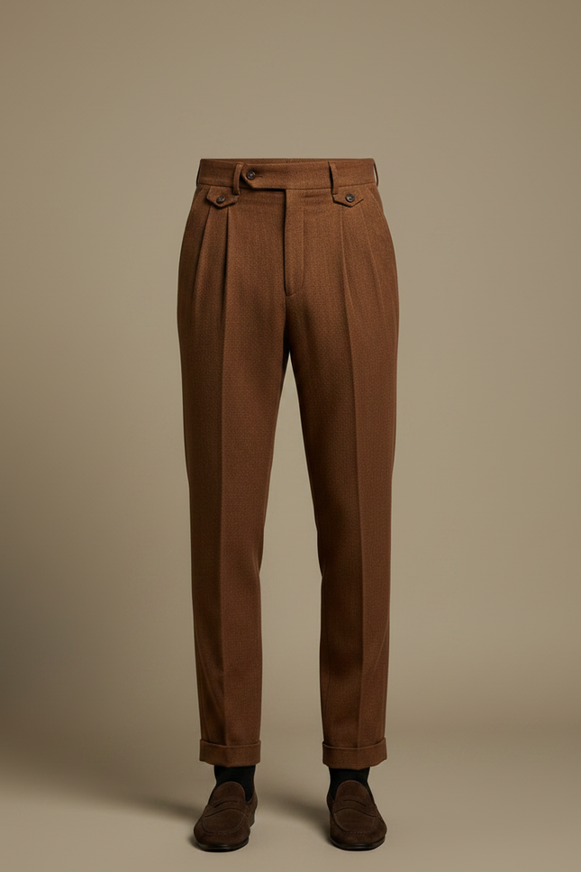 Pantalon À Pince Marron Carreaux Laine Plissé Droit Homme Élégant - vue 3