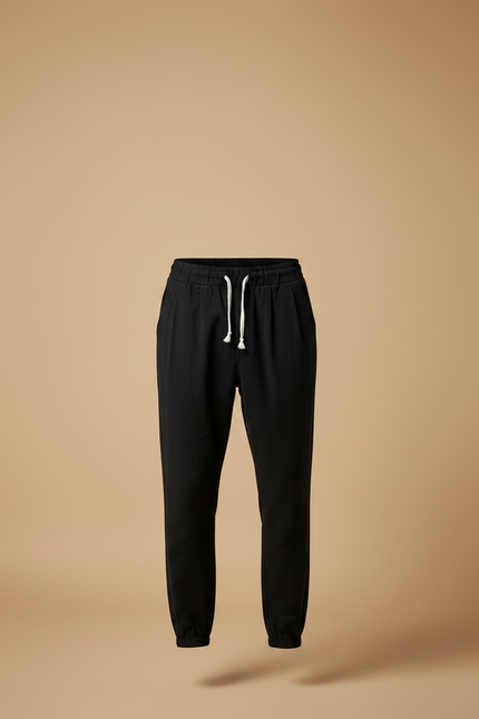 Pantalon À Pince Noir Ample Cordon Décontracté Lin Homme - vue 3