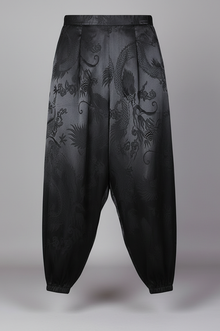 Pantalon À Pince Noir Satin Dragon Ample Décontracté - vue 3