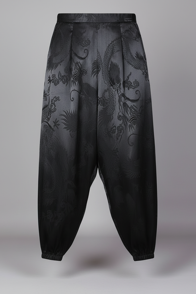 Pantalon À Pince Noir Satin Dragon Ample Décontracté - vue 3