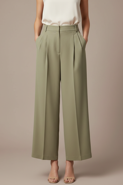 Pantalon À Pince Kaki Plissé Ample Fluide Élégant - Polyester - vue 3