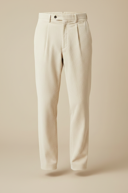 Pantalon À Pince Crème Côtelé Plissé Droit Homme - Beige Cordé - vue 3