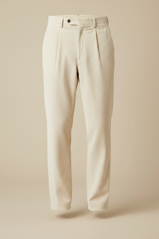Pantalon À Pince Crème Côtelé Plissé Droit Homme - Beige Cordé - vue 3