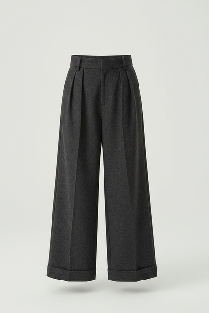 Pantalon À Pince Gris Foncé Laine Ample Plissé - vue 3